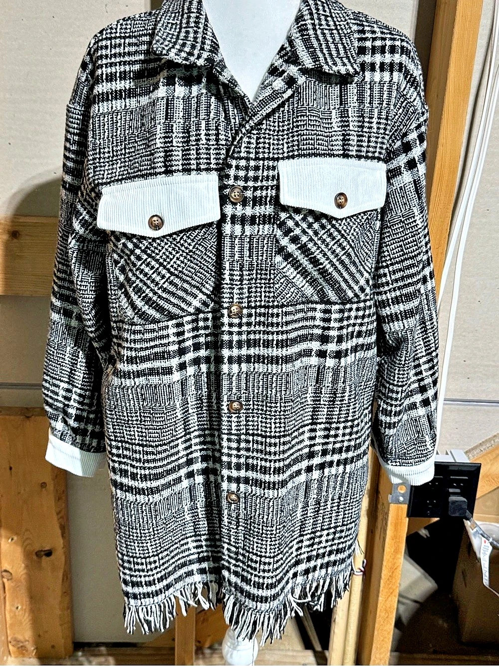 Plaid Fringe Utility Oversized Jacket in Black & White size Medium